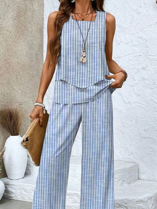 Women's Striped Two-Piece Set Daily Sleeveless Casual Summer Top With Pants Matching Set