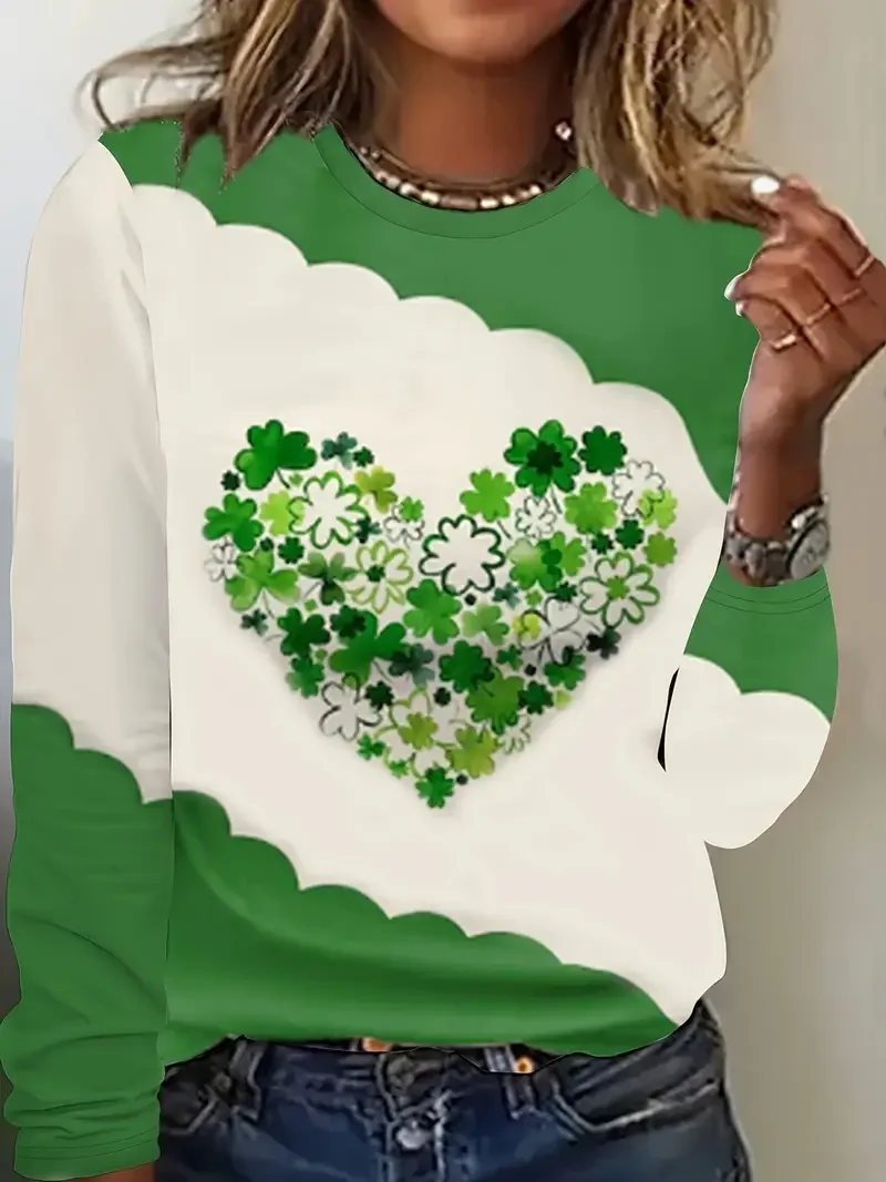 Women's Shamrock Long Sleeve Tee T-shirt Crew Neck Printing Casual Spring/Fall Graphic Tee Top