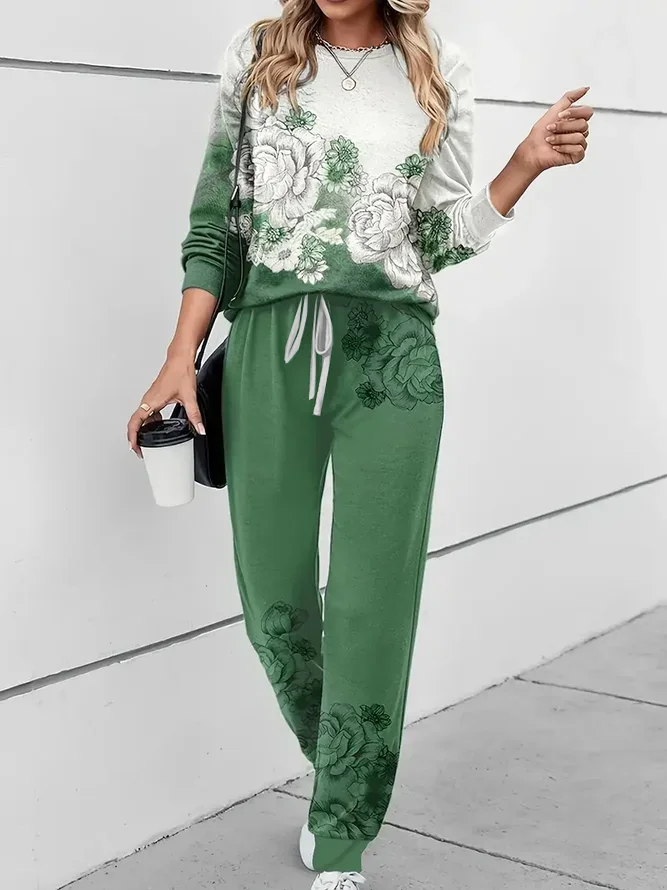 Women's Printing Floral Daily Going Out Two Piece Set Long Sleeve Casual Spring/Fall Top With Pants Matching Set