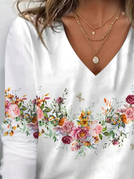 Women's Floral Long Sleeve Tee T-shirt V Neck Printing Casual Spring/Fall Graphic Tee Top