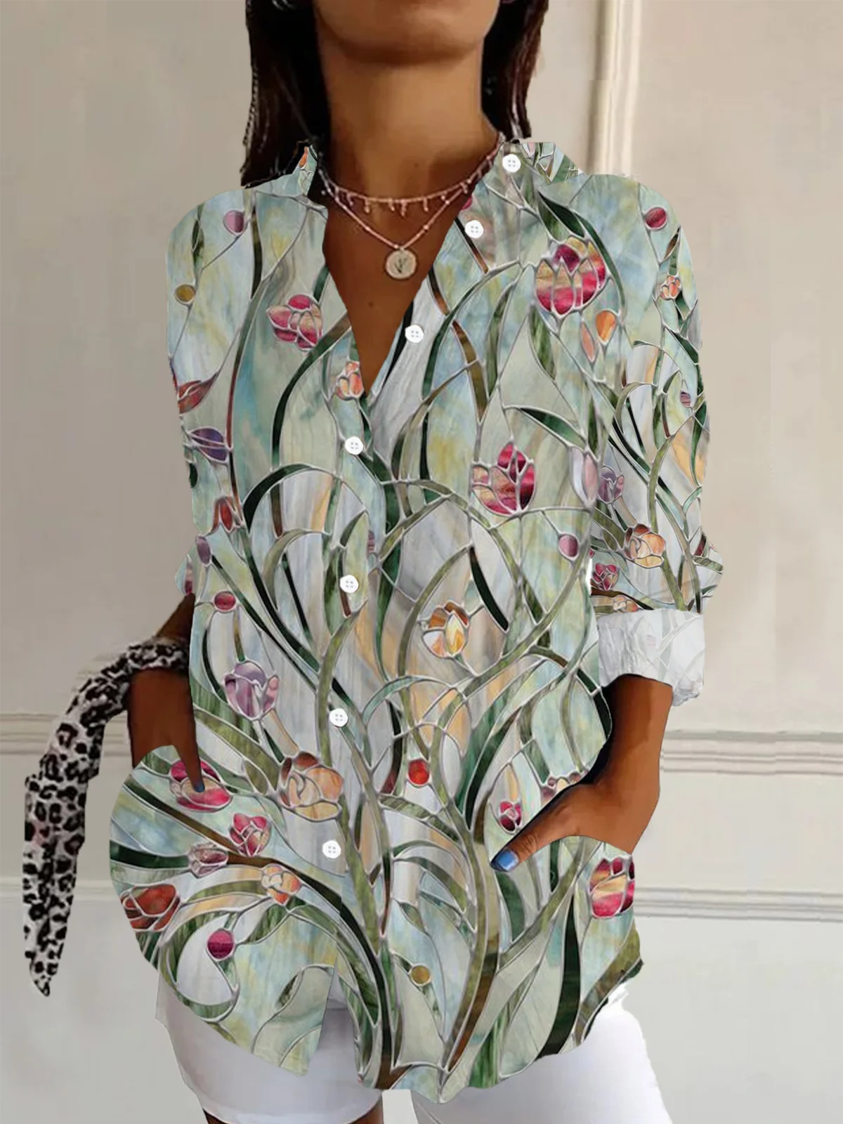 Women's Floral Long Sleeve Shirt Spring/Fall Buckle Shirt Collar Daily Casual Top