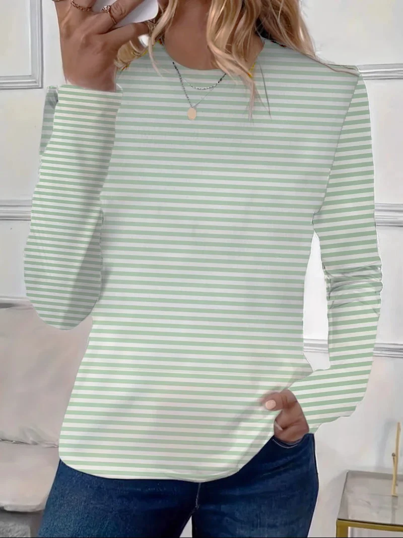 Women's Striped Long Sleeve Tee T-shirt Crew Neck Printing Casual Spring/Fall Top