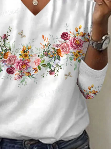 Women's Floral Long Sleeve Tee T-shirt V Neck Printing Casual Spring/Fall Graphic Tee Top