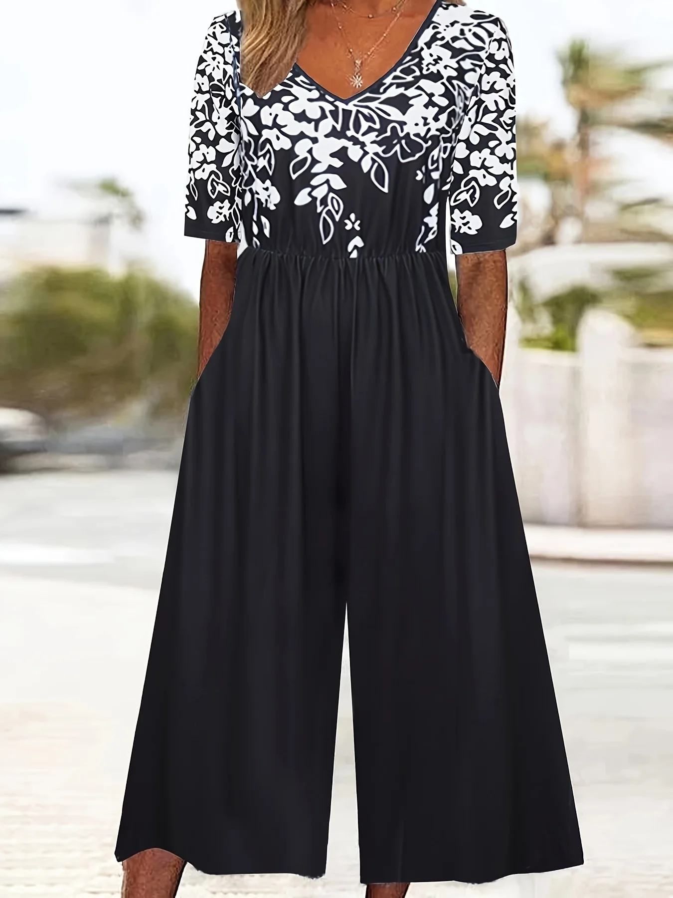 Women's Gradient Pattern V Neck Half Sleeve Vintage Summer Jumpsuit