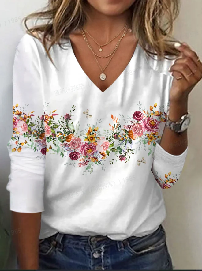 Women's Floral Long Sleeve Tee T-shirt V Neck Printing Casual Spring/Fall Graphic Tee Top