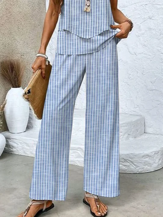 Women's Striped Two-Piece Set Daily Sleeveless Casual Summer Top With Pants Matching Set