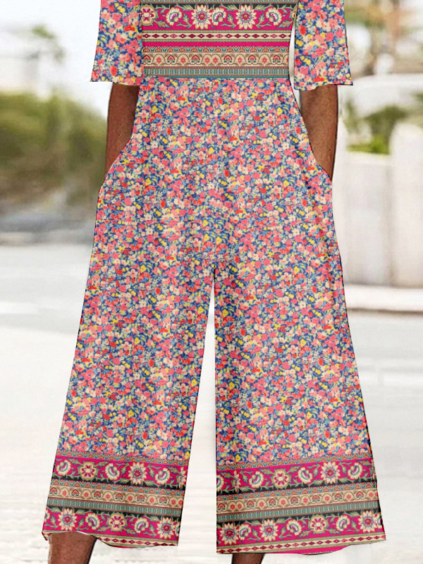 Women's Ethnic V Neck Half Sleeve Vintage Summer Jumpsuit