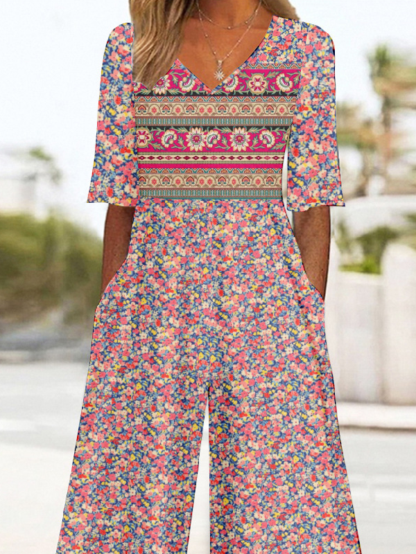 Women's Ethnic V Neck Half Sleeve Vintage Summer Jumpsuit