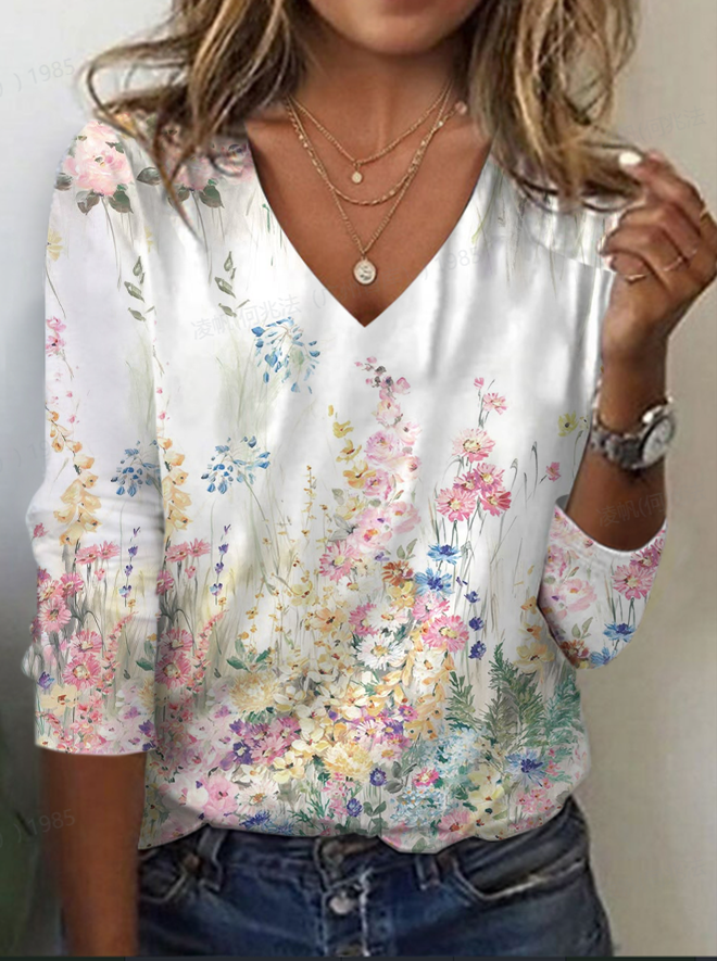 Women's Floral Long Sleeve Tee T-shirt V Neck Printing Casual Spring/Fall Graphic Tee Top