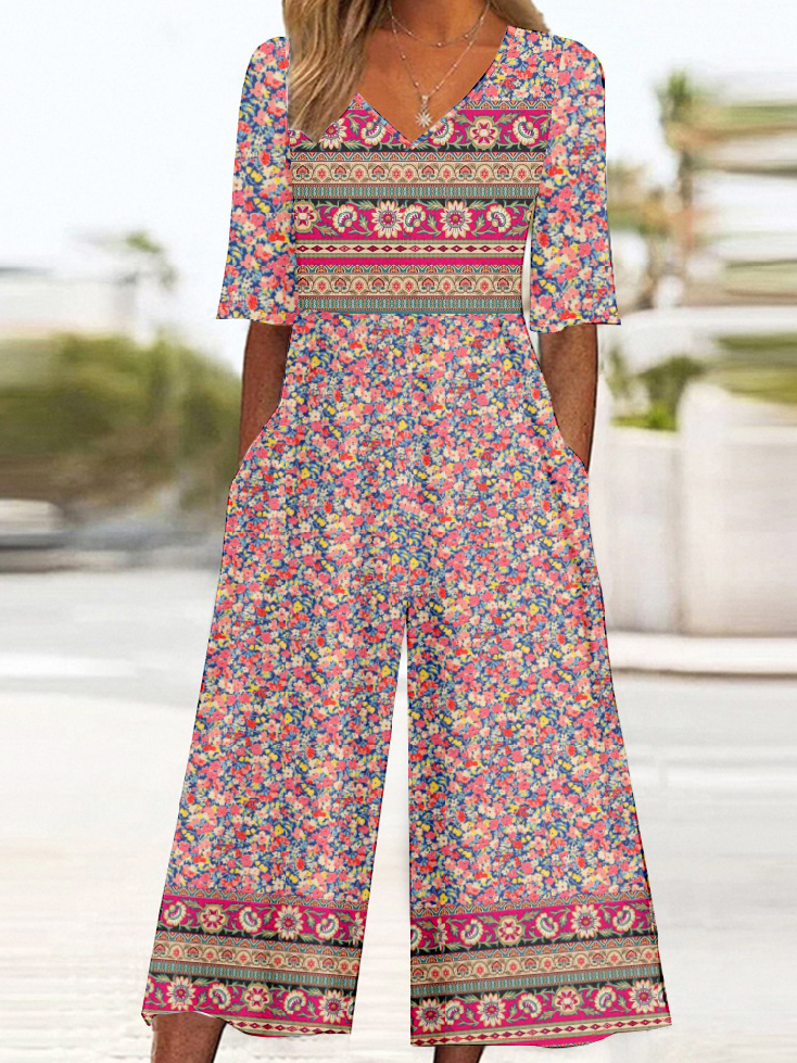 Women's Ethnic V Neck Half Sleeve Vintage Summer Jumpsuit