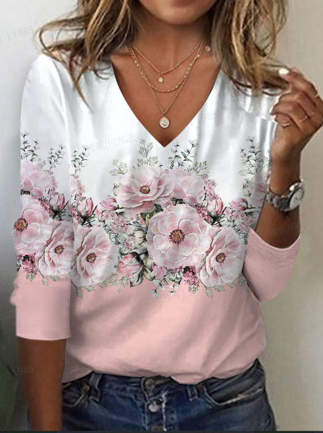 Women's Floral Long Sleeve Tee T-shirt V Neck Printing Casual Spring/Fall Graphic Tee Top