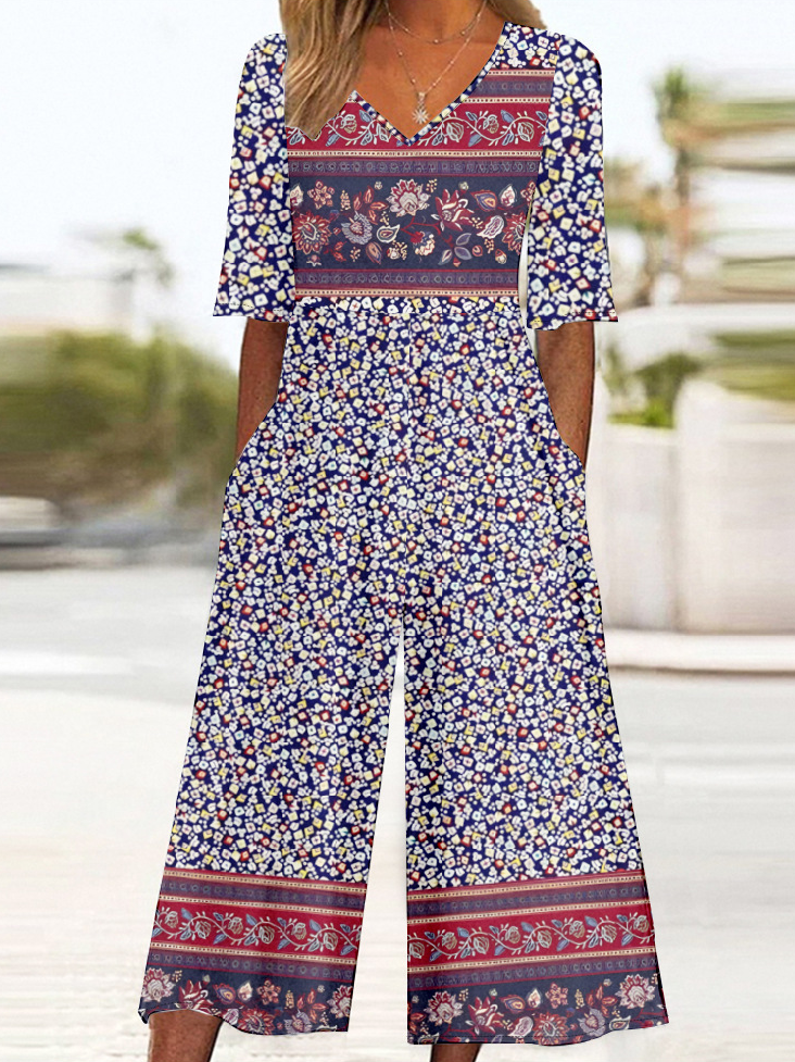 Women's Ethnic V Neck Half Sleeve Vintage Summer Jumpsuit