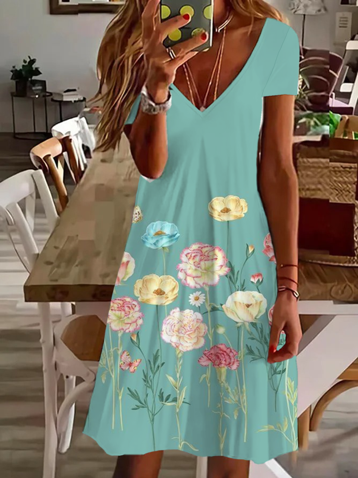 Women's Floral Short Sleeve Summer Printing Dress V Neck Daily Casual Knee Length T-Shirt Dress H-Line Dress