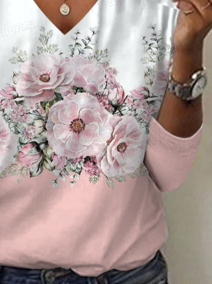 Women's Floral Long Sleeve Tee T-shirt V Neck Printing Casual Spring/Fall Graphic Tee Top