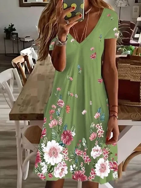 Women's Floral Short Sleeve Summer Printing Dress V Neck Daily Casual Knee Length T-Shirt Dress H-Line Dress