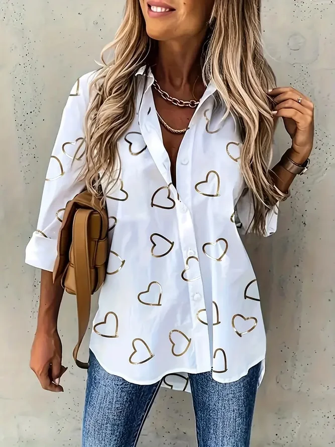 Women's Long Sleeve Shirt Spring/Fall Heart/Cordate Printing Shirt Collar Daily Going Out Casual Top