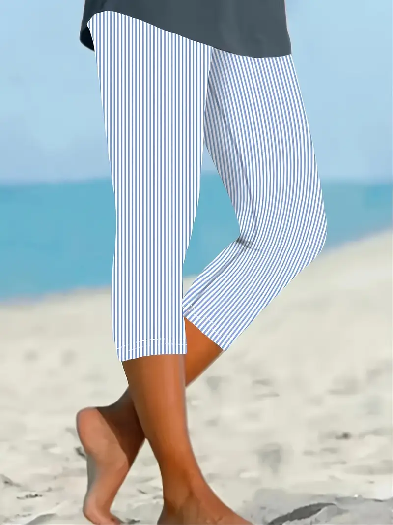 Women's Striped Capris Elastic Waist Pant Casual Summer Trousers