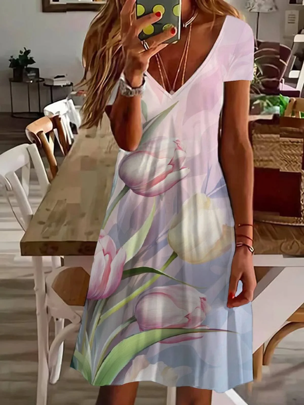 Women's Floral Short Sleeve Summer Printing Dress V Neck Daily Casual Knee Length T-Shirt Dress H-Line Dress