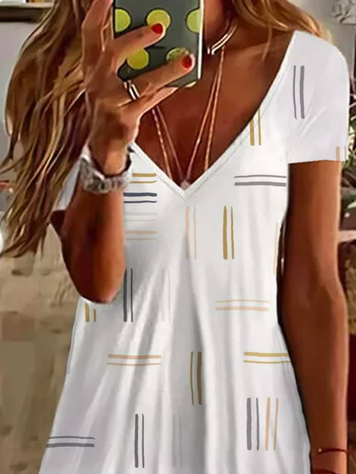 Women's Striped Short Sleeve Summer Printing Dress V Neck Daily Casual Knee Length T-Shirt Dress H-Line Dress