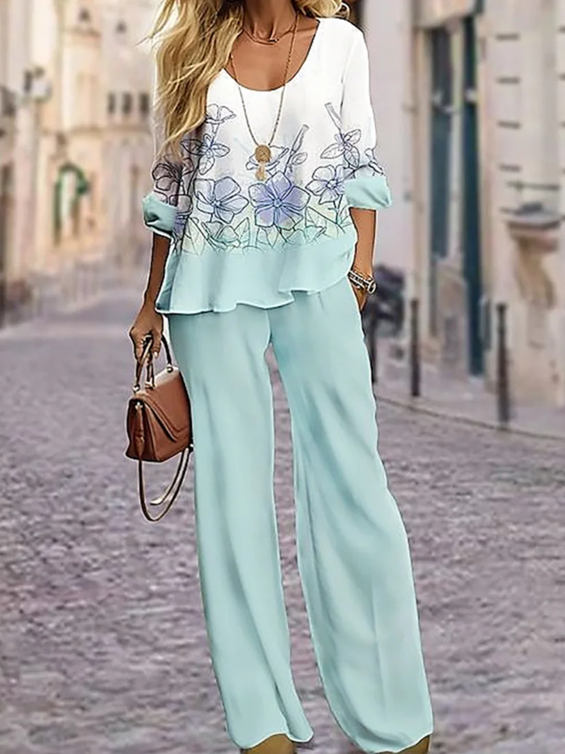 Women's Floral Printing Two-Piece Set Daily Long Sleeve Casual Spring/Fall Top With Pants Matching Set