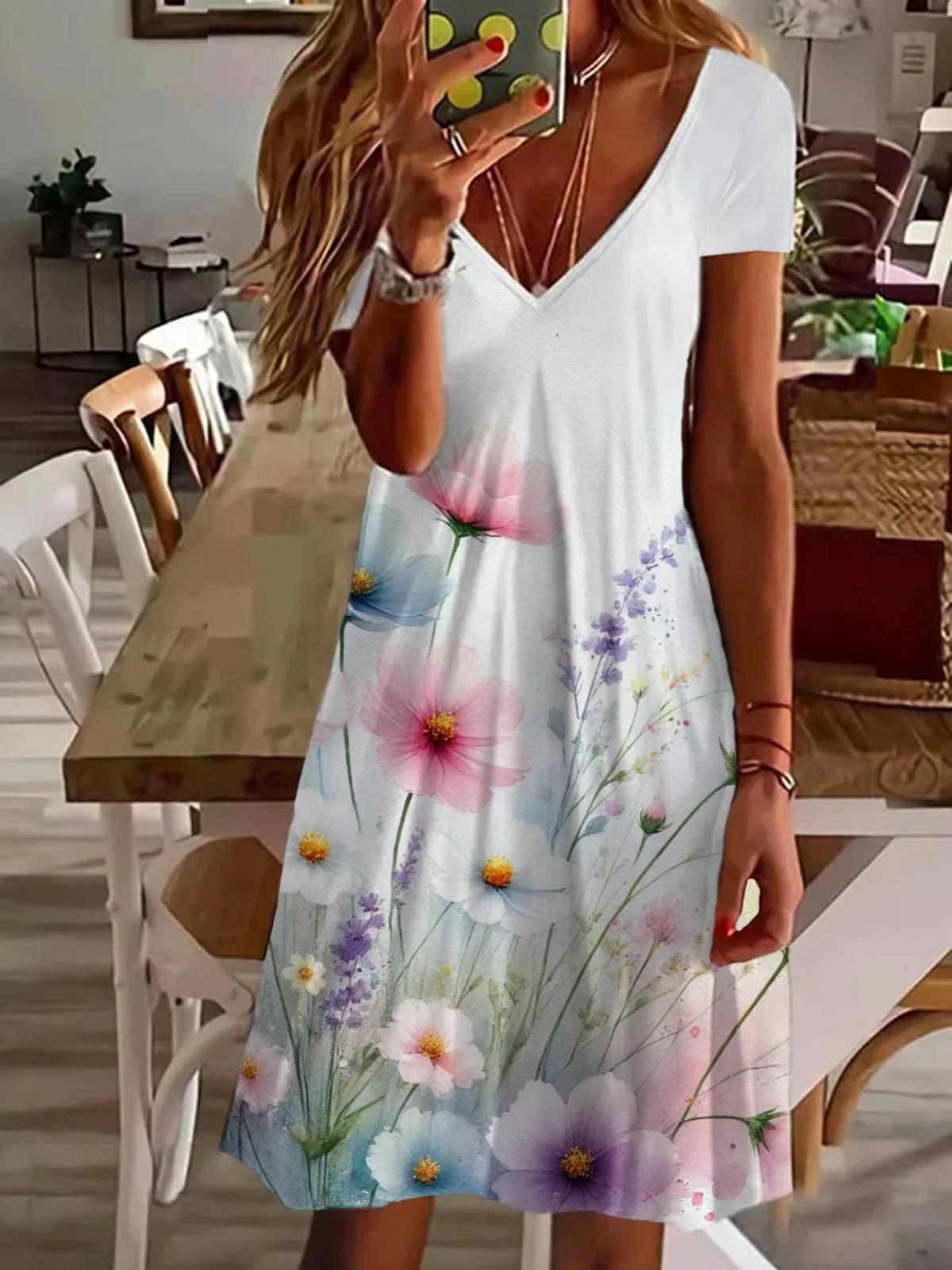 Women's Floral Short Sleeve Summer Printing Dress V Neck Daily Casual Knee Length T-Shirt Dress H-Line Dress