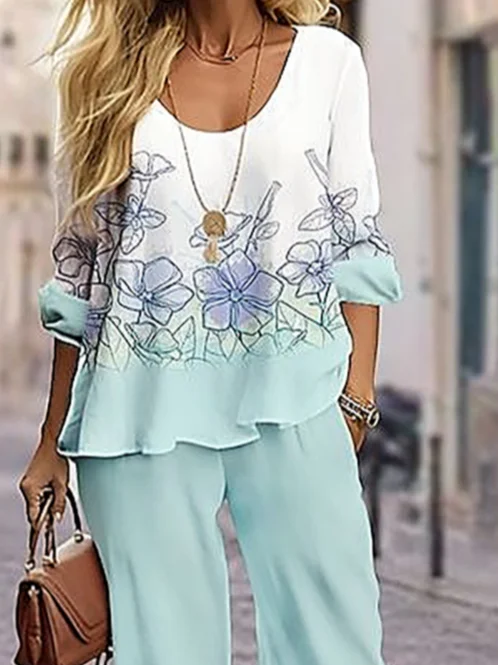 Women's Floral Printing Two-Piece Set Daily Long Sleeve Casual Spring/Fall Top With Pants Matching Set