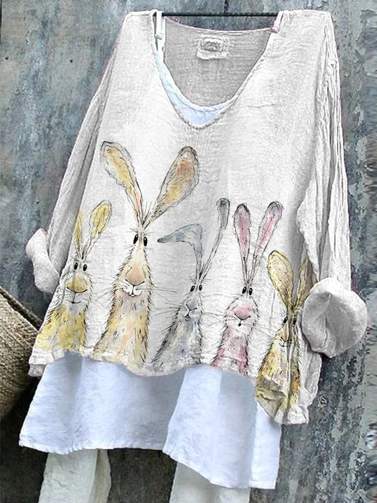 Women's Easter (rabbit) Long Sleeve Blouse_ Spring/Fall Printing V Neck Daily Casual Top