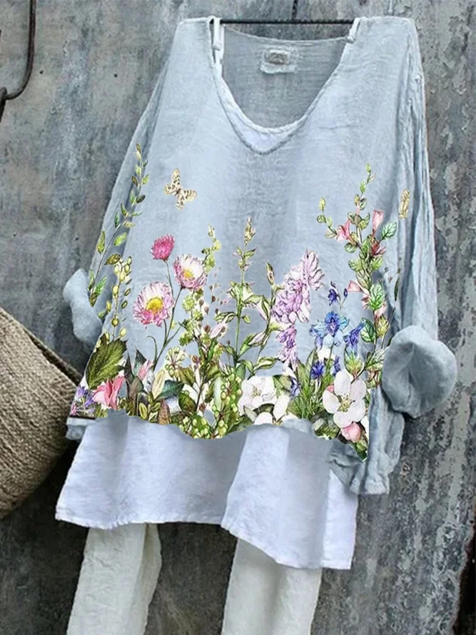 Women's Floral Long Sleeve Blouse_ Spring/Fall Printing V Neck Daily Casual Top