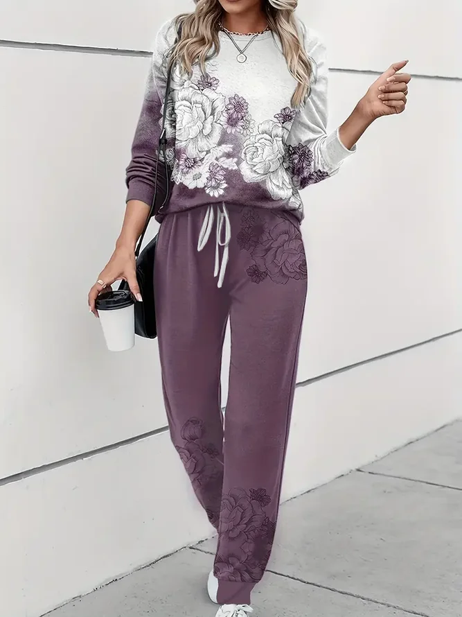 Women's Printing Floral Daily Going Out Two Piece Set Long Sleeve Casual Spring/Fall Top With Pants Matching Set