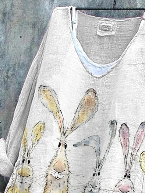 Women's Easter (rabbit) Long Sleeve Blouse_ Spring/Fall Printing V Neck Daily Casual Top