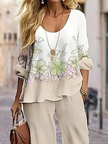 Women's Floral Printing Two-Piece Set Daily Long Sleeve Casual Spring/Fall Top With Pants Matching Set