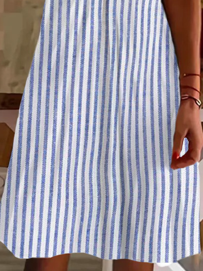 Women's Striped Short Sleeve Summer Printing Dress V Neck Daily Casual Knee Length T-Shirt Dress H-Line Dress