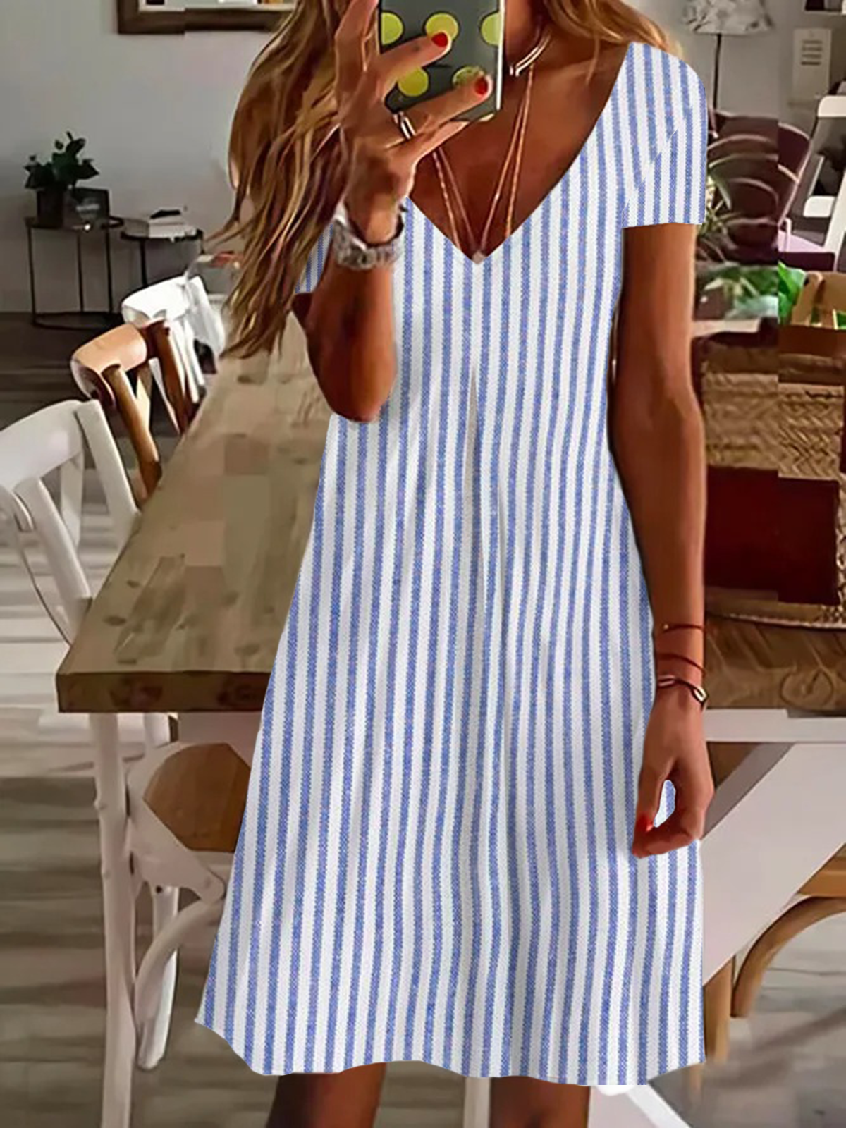 Women's Striped Short Sleeve Summer Printing Dress V Neck Daily Casual Knee Length T-Shirt Dress H-Line Dress