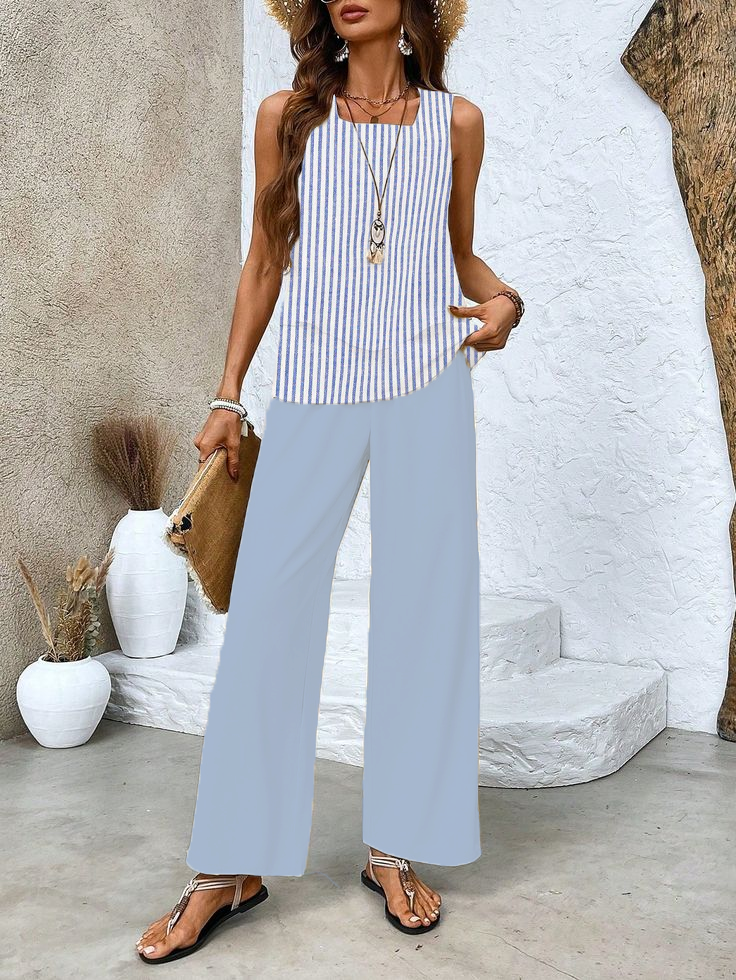 Women's Striped Printing Two-Piece Set Daily Sleeveless Casual Summer Top With Pants Matching Set