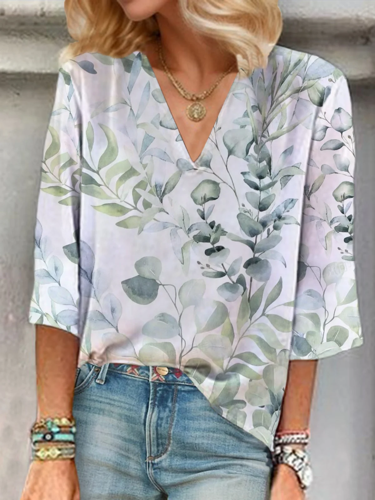 Women's Floral Three Quarter Sleeve Blouse Spring/Fall Printing V Neck Daily Casual Top