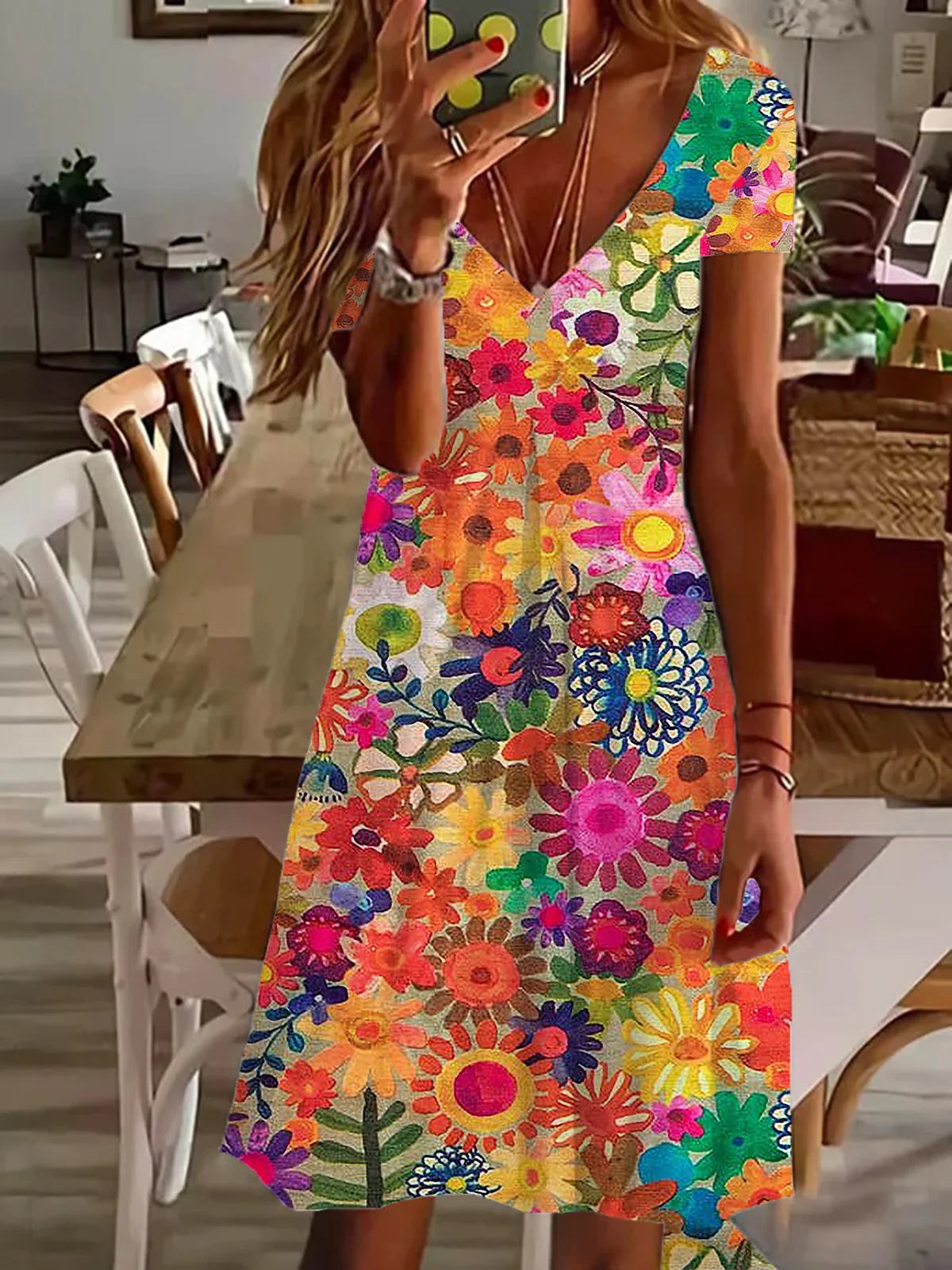 Women's Floral Short Sleeve Summer Printing Dress V Neck Daily Casual Knee Length T-Shirt Dress H-Line Dress