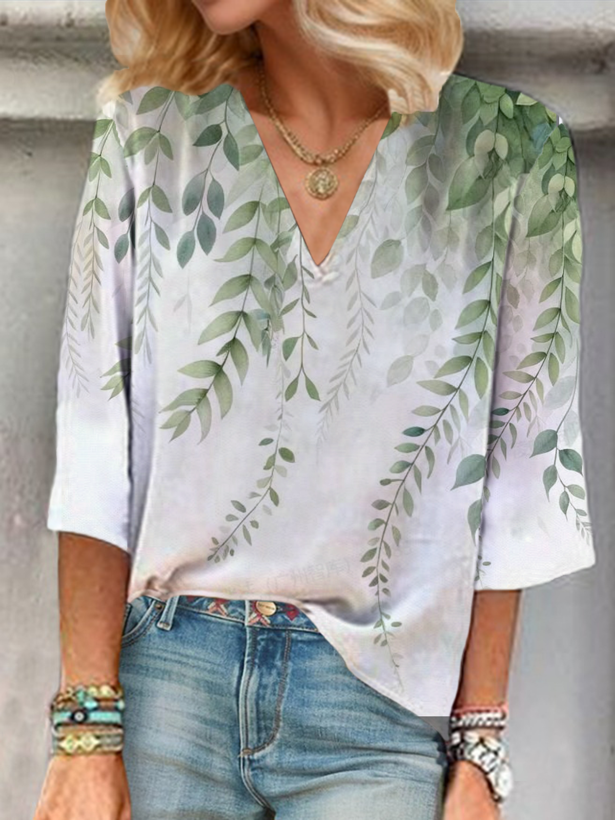 Women's Floral Three Quarter Sleeve Blouse Spring/Fall Printing V Neck Daily Casual Top