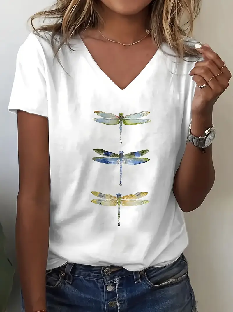 Women's Dragonfly Short Sleeve Tee T-shirt V Neck Printing Casual Summer Graphic Tee Top