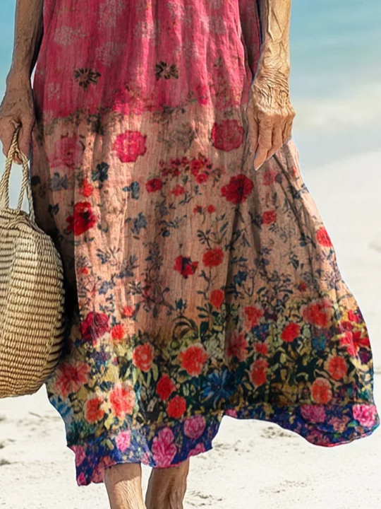 Women's Floral Short Sleeve Summer Printing Dress V Neck Daily Casual Maxi T-Shirt Dress H-Line Dress