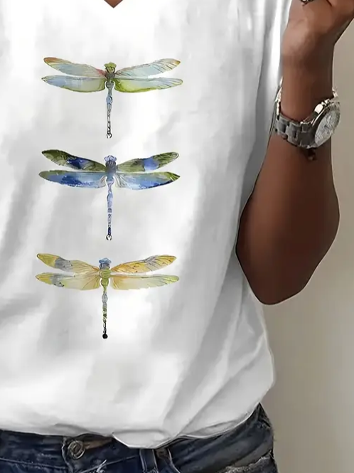 Women's Dragonfly Short Sleeve Tee T-shirt V Neck Printing Casual Summer Graphic Tee Top