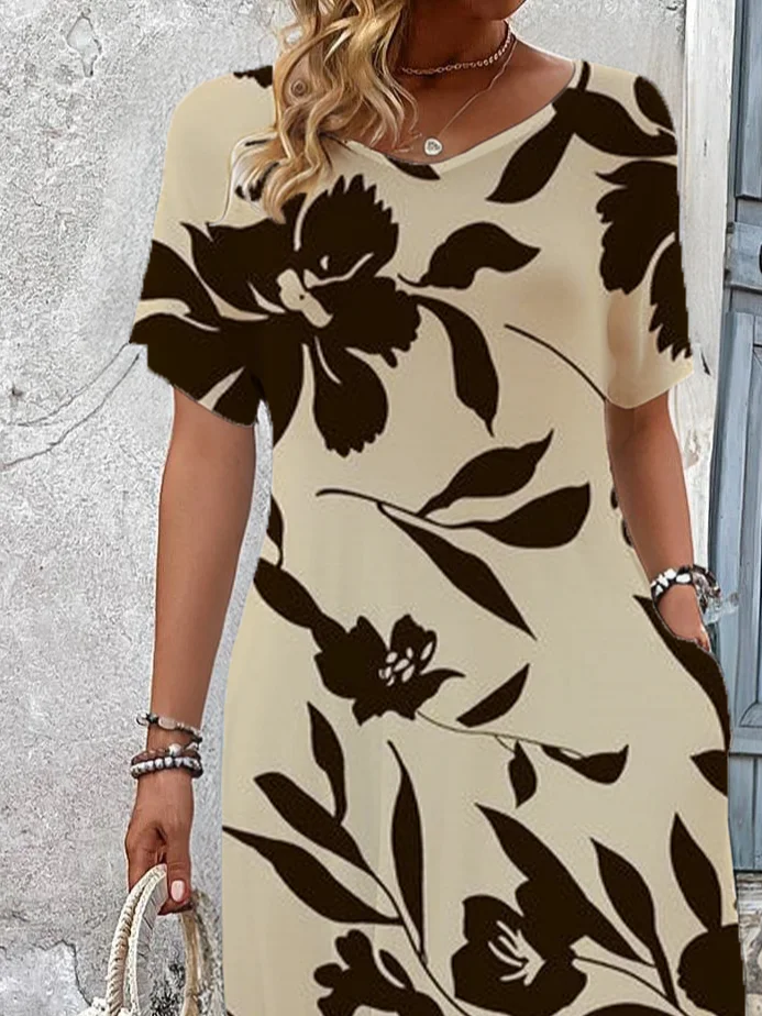 Women's Floral Short Sleeve Summer Printing Dress V Neck Daily Casual Maxi T-Shirt Dress H-Line Dress