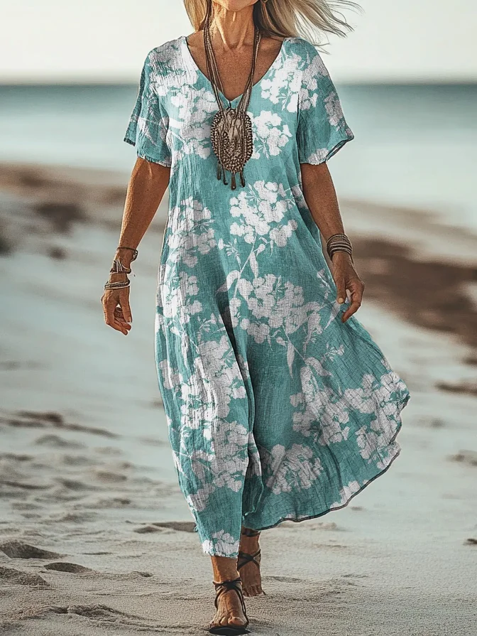 Women's Floral Short Sleeve Summer Printing Dress V Neck Daily Casual Maxi T-Shirt Dress H-Line Dress