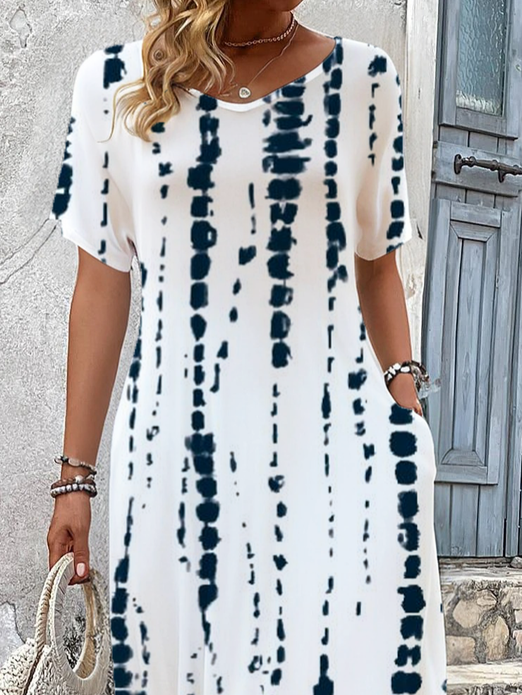 Women's Striped Short Sleeve Summer Printing Dress V Neck Daily Casual Maxi T-Shirt Dress H-Line Dress