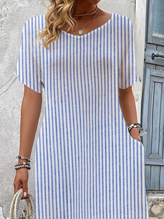 Women's Striped Short Sleeve Summer Printing Dress V Neck Daily Casual Maxi T-Shirt Dress H-Line Dress