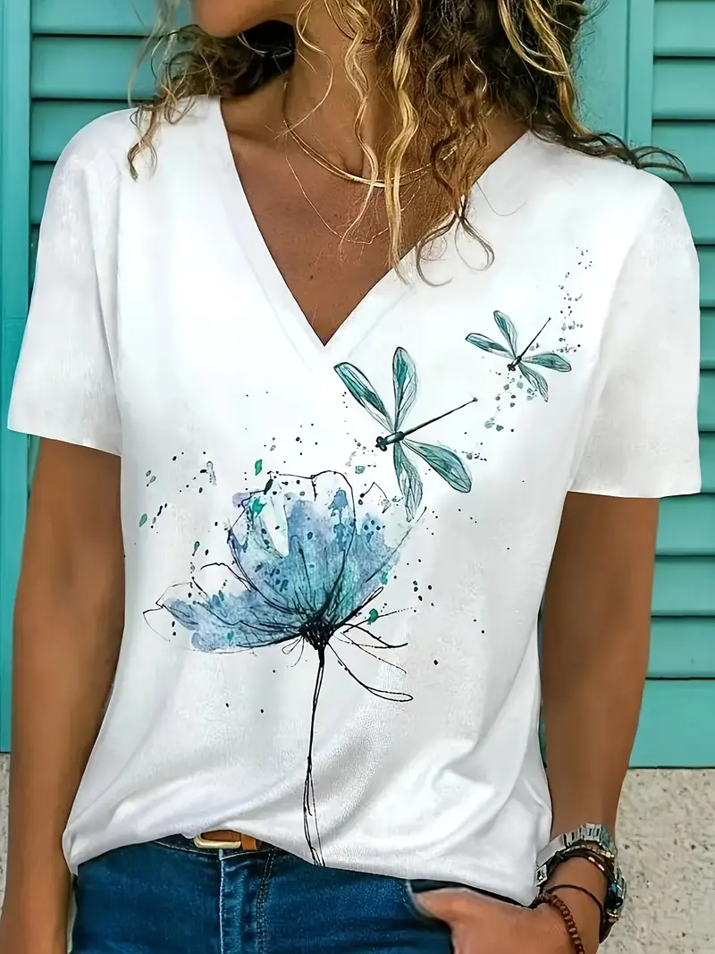 Women's Floral Short Sleeve Tee T-shirt V Neck Printing Casual Summer Graphic Tee Top