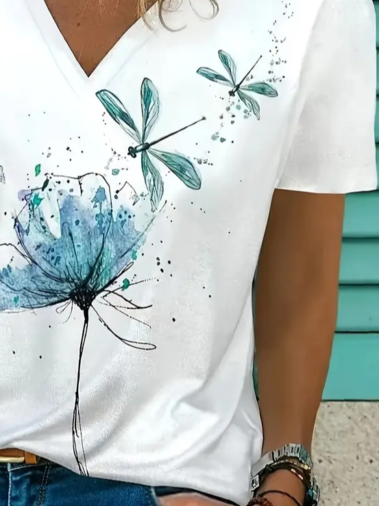 Women's Floral Short Sleeve Tee T-shirt V Neck Printing Casual Summer Graphic Tee Top