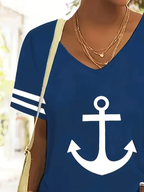 Women's Anchor Short Sleeve Tee T-shirt V Neck Printing Casual Summer Graphic Tee Top