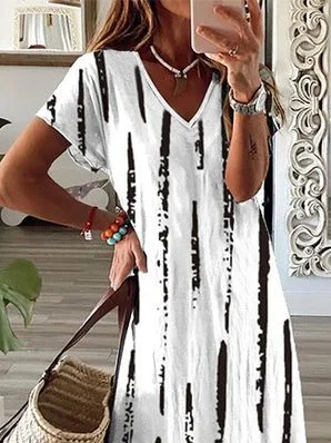 Women's Striped Short Sleeve Summer Printing Dress V Neck Daily Casual Maxi X-Line Dress