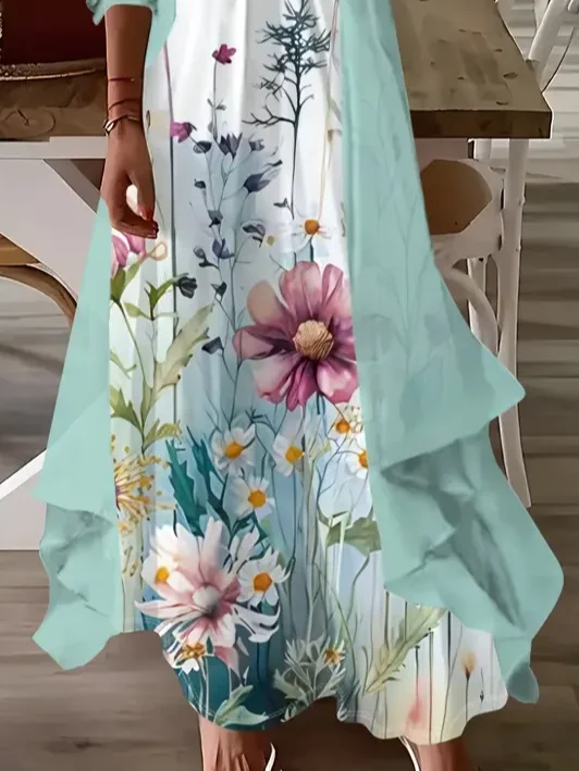 Women Floral Printing Two-Piece Set Daily Three Quarter Sleeve Casual Spring/Fall Dress With Coat Matching Set