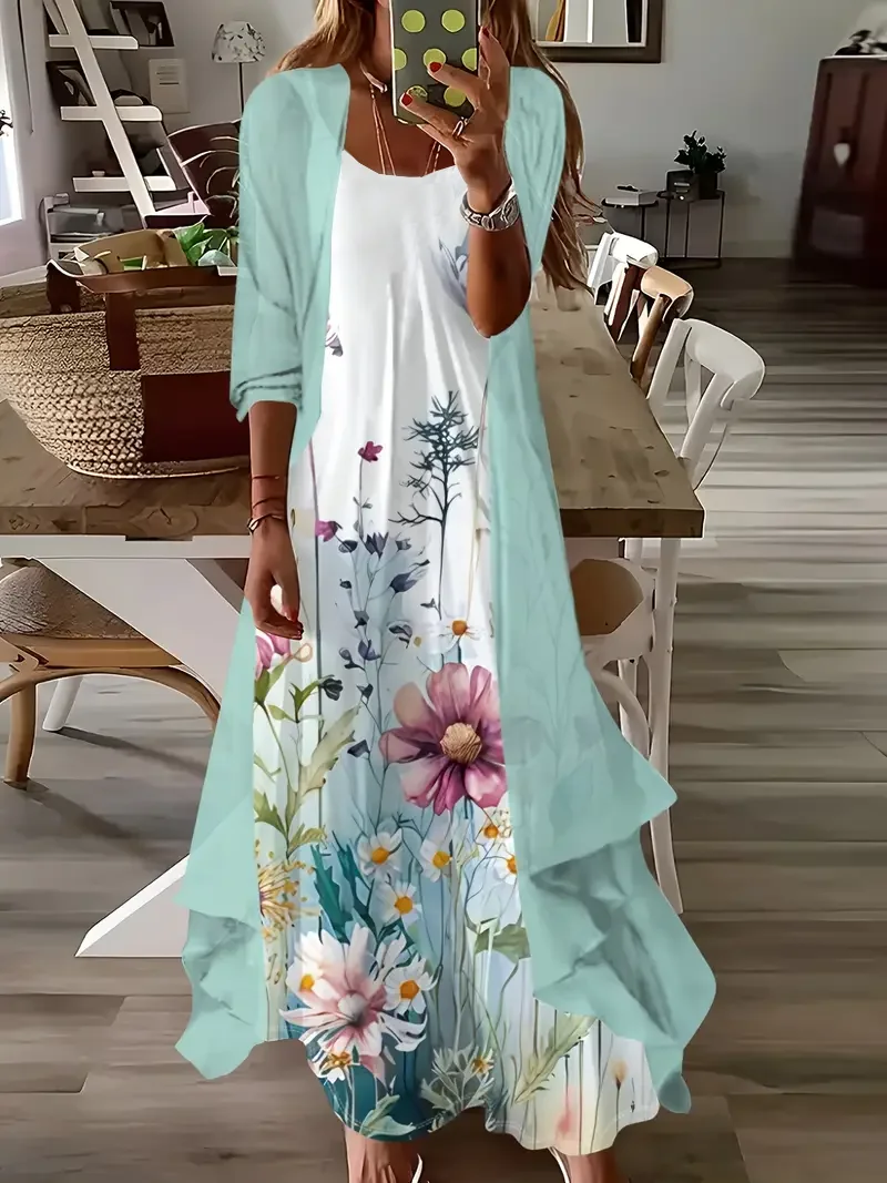 Women Floral Printing Two-Piece Set Daily Three Quarter Sleeve Casual Spring/Fall Dress With Coat Matching Set